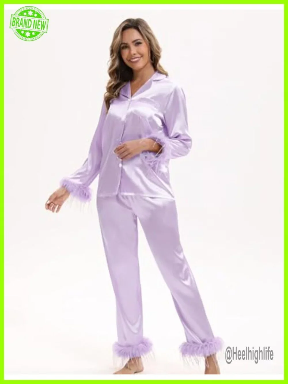 Satin Pajama Set with Feather Trim, Long Sleeve, Sleep Mask & Scrunchies